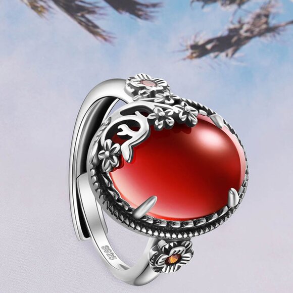 NWOT 925 Sterling Silver Scroll Flowers W Garnet CZ Adjustable ring Stamped 925 - Picture 2 of 5